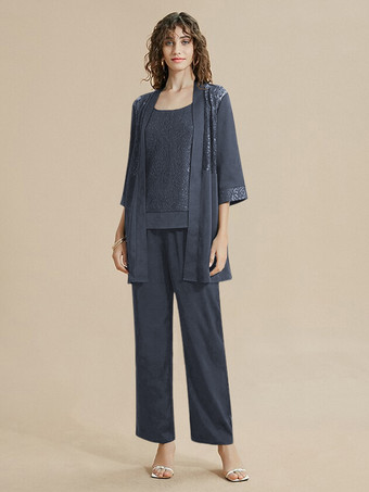 ダークグレー 花嫁の母ドレス ジュエルネック 7分袖 レース 足首丈 ゲストドレス 結婚式用