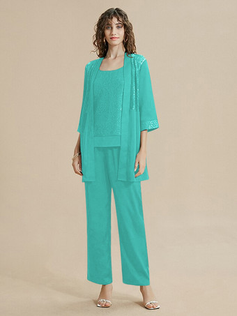 ブルーグリーン花嫁の母ドレス ジュエルネック 7分袖 レース 足首丈 ゲストドレス 結婚式用