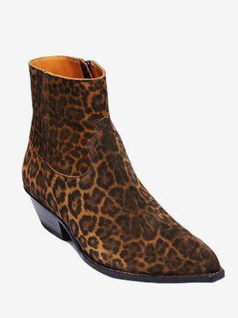 メンズ チェルシー アンクルブーツ レザー ポニーヘア レオパードブーツ サイドジッパー付き ヒールブーツ