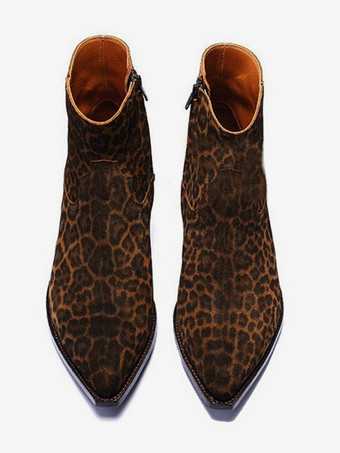 メンズ チェルシー アンクルブーツ レザー ポニーヘア レオパードブーツ サイドジッパー付き ヒールブーツ