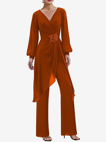 ブリックレッドジャンプスーツ マザードレス Vネック 長袖 アップリケ ウェディングゲストドレス