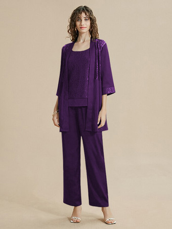 プラム花嫁の母ドレス ジュエルネック 7分袖 レース 足首丈 ゲストドレス 結婚式用