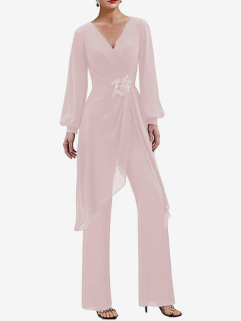 ソフトピンクジャンプスーツ マザードレス Vネック 長袖 アップリケ ウェディングゲストドレス
