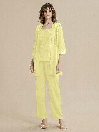 スイセン色花嫁の母ドレス ジュエルネック 7分袖 レース 足首丈 ゲストドレス 結婚式用