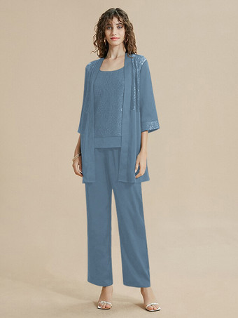 スチールブルー花嫁の母ドレス ジュエルネック 7分袖 レース 足首丈 ゲストドレス 結婚式用