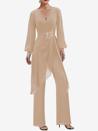 ベージュ ジャンプスーツ マザードレス Vネック 長袖 アップリケ ウェディングゲストドレス