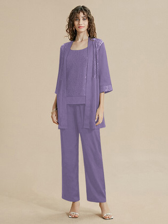 ラベンダー花嫁の母ドレス ジュエルネック 7分袖 レース 足首丈 ゲストドレス 結婚式用