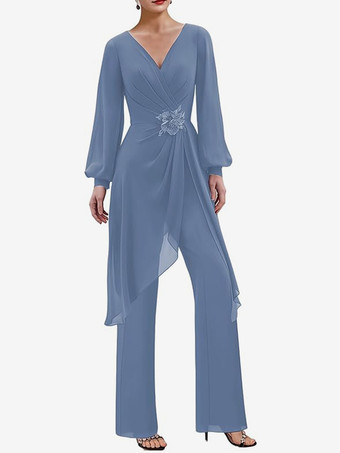 スチールブルージャンプスーツ マザードレス Vネック 長袖 アップリケ ウェディングゲストドレス