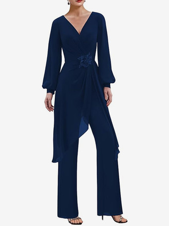 ダークネイビージャンプスーツ マザードレス Vネック 長袖 アップリケ ウェディングゲストドレス