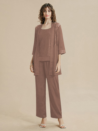 ブラウン花嫁の母ドレス ジュエルネック 7分袖 レース 足首丈 ゲストドレス 結婚式用