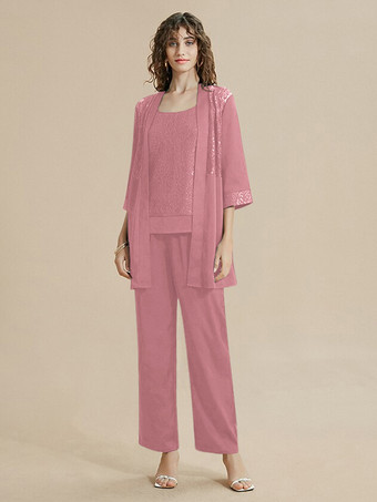 カメオピンク花嫁の母ドレス ジュエルネック 7分袖 レース 足首丈 ゲストドレス 結婚式用