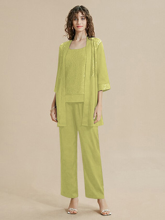 アボカドグリーン花嫁の母ドレス ジュエルネック 7分袖 レース 足首丈 ゲストドレス 結婚式用