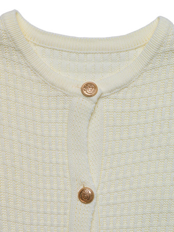 2025年秋冬向けベージュの長袖クルーネックニットカーディガン