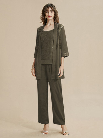 オリーブグリーン花嫁の母ドレス ジュエルネック 7分袖 レース 足首丈 ゲストドレス 結婚式用