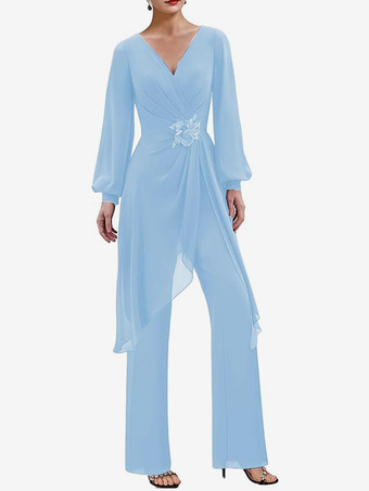 スカイブルー ジャンプスーツ マザードレス Vネック 長袖 アップリケ ウェディングゲストドレス