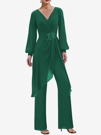 ダークグリーンジャンプスーツ マザードレス Vネック 長袖 アップリケ ウェディングゲストドレス