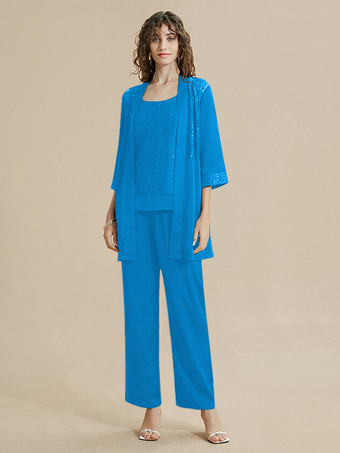 スカイブルー 花嫁の母ドレス ジュエルネック 7分袖 レース 足首丈 ゲストドレス 結婚式用