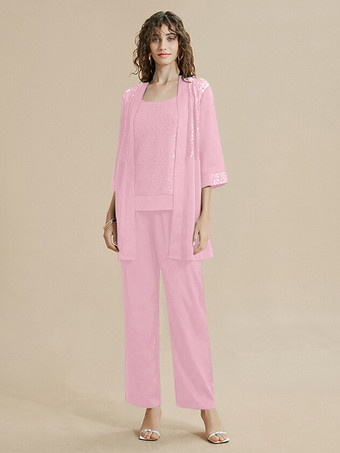 ピンク花嫁の母ドレス ジュエルネック 7分袖 レース 足首丈 ゲストドレス 結婚式用