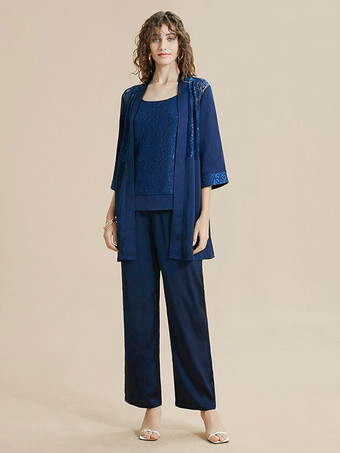 ダークネイビー花嫁の母ドレス ジュエルネック 7分袖 レース 足首丈 ゲストドレス 結婚式用