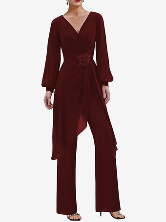 バーガンディージャンプスーツ マザードレス Vネック 長袖 アップリケ ウェディングゲストドレス