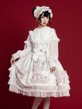 甘いロリータOPドレス白長袖ポリエステルデイリーカジュアルロリータワンピースドレス