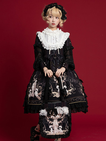 ブラック 甘いロリータOPドレス白長袖ポリエステルデイリーカジュアルロリータワンピースドレス