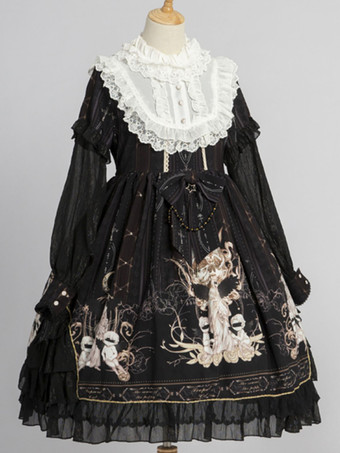 甘いロリータOPドレス白長袖ポリエステルデイリーカジュアルロリータワンピースドレス