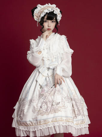 甘いロリータOPドレス白長袖ポリエステルデイリーカジュアルロリータワンピースドレス