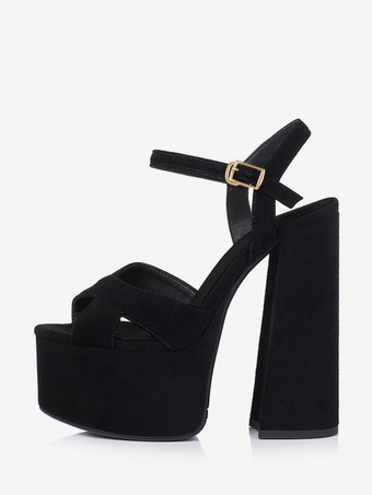 ブラック ブラックのセクシーなサンダル、スエード素材のプラットフォーム、オープントゥ、バックルディテールのチャンキーヒールサンダル