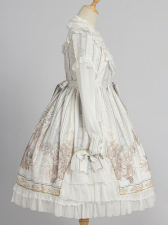 甘いロリータOPドレス白長袖ポリエステルデイリーカジュアルロリータワンピースドレス