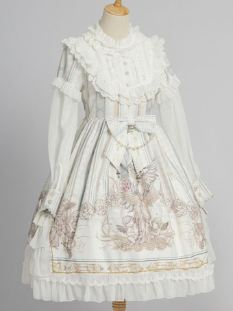 甘いロリータOPドレス白長袖ポリエステルデイリーカジュアルロリータワンピースドレス