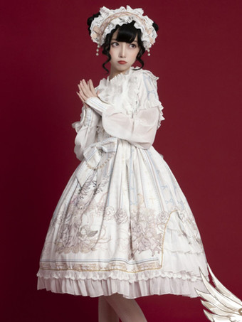 甘いロリータOPドレス白長袖ポリエステルデイリーカジュアルロリータワンピースドレス
