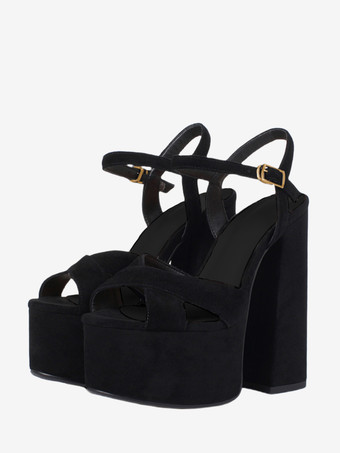 ブラックのセクシーなサンダル、スエード素材のプラットフォーム、オープントゥ、バックルディテールのチャンキーヒールサンダル