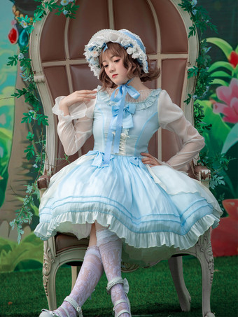 Fairy Lolita Esclusivo abito Lolitashow Sweet Lolita in stile principessa azzurro con fiocco e volant