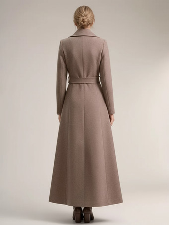 レディース フルレングス ウールコート ワイドノッチドラペル ダブルブレスト ベルト付き 冬アウター 無地 2025