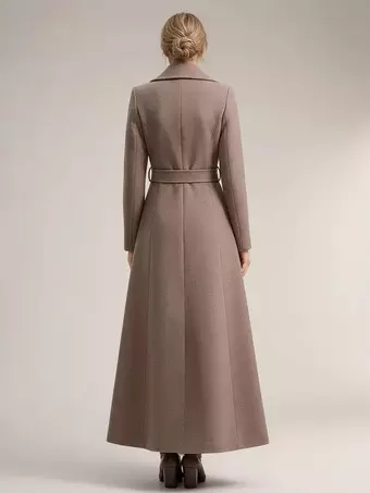 Full-length Woolen Coat For Women Wide Notched Lapel Double-breasted Belted  Winter Outerwear In Solid Color 2026