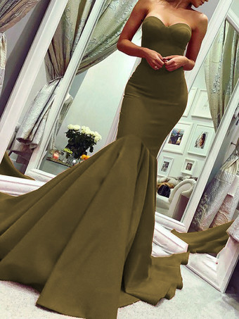 アーミーグリーンイブニングドレス ハートカットネック マーメイドライン レッド パーティードレス サテン ファスナー トレーン付き ノースリーブ 45cm フォーマルドレス 演奏会 結婚式 二次会 発表会