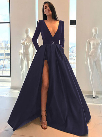 ダークネイビーイブニングドレス 長袖 Aライン Vネック パーティードレス サテン ファスナー ブラック ロング丈 フォーマルドレス 演奏会ドレス 結婚式 二次会ドレス 発表会 ウェディング