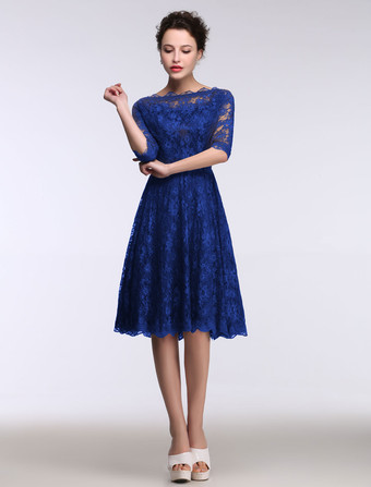 ロイヤルブルー結婚式 母親ドレス Aライン ミセスドレス フォーマル ダズリンブルー ウェディングパーティードレス ボートネック 五分袖 お呼ばれ 謝恩会 成人式 二次会 レース プロムドレス ひざ丈 ファスナー ウェディング
