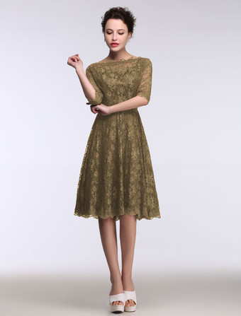 ディープブラウン結婚式 母親ドレス Aライン ミセスドレス フォーマル ダズリンブルー ウェディングパーティードレス ボートネック 五分袖 お呼ばれ 謝恩会 成人式 二次会 レース プロムドレス ひざ丈 ファスナー ウェディング