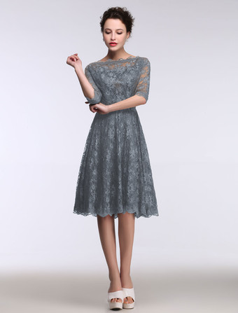 グレイ結婚式 母親ドレス Aライン ミセスドレス フォーマル ダズリンブルー ウェディングパーティードレス ボートネック 五分袖 お呼ばれ 謝恩会 成人式 二次会 レース プロムドレス ひざ丈 ファスナー ウェディング