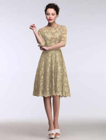 シャンパン結婚式 母親ドレス Aライン ミセスドレス フォーマル ダズリンブルー ウェディングパーティードレス ボートネック 五分袖 お呼ばれ 謝恩会 成人式 二次会 レース プロムドレス ひざ丈 ファスナー ウェディング