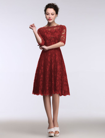 バーガンディー結婚式 母親ドレス Aライン ミセスドレス フォーマル ダズリンブルー ウェディングパーティードレス ボートネック 五分袖 お呼ばれ 謝恩会 成人式 二次会 レース プロムドレス ひざ丈 ファスナー ウェディング