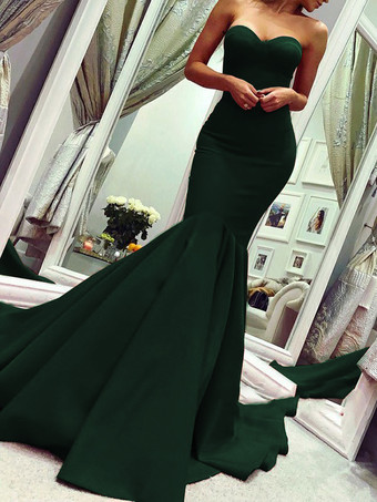 ダークグリーンイブニングドレス ハートカットネック マーメイドライン レッド パーティードレス サテン ファスナー トレーン付き ノースリーブ 45cm フォーマルドレス 演奏会 結婚式 二次会 発表会