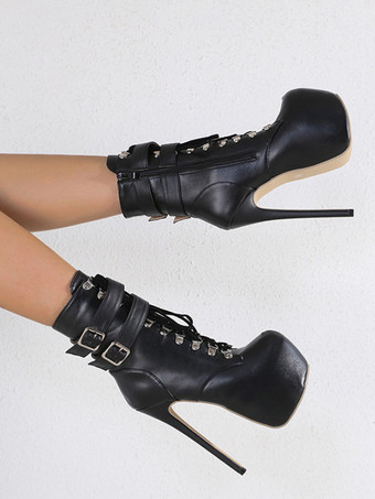 ショートブーツ プラットフォーム ラウンドトゥ スティレット ヒール ミッド レディース ブラック