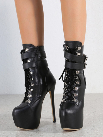 ショートブーツ プラットフォーム ラウンドトゥ スティレット ヒール ミッド レディース ブラック