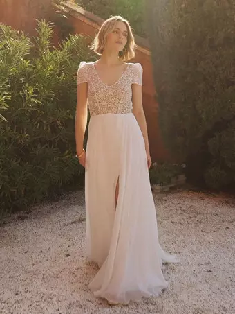 Boho Wedding Dress Designed Neckline Short Sleeves With Train Lace Bridal Gowns Boho Wedding Dress Designed Neckline Short Sleeves With Train Lace Bridal Gowns