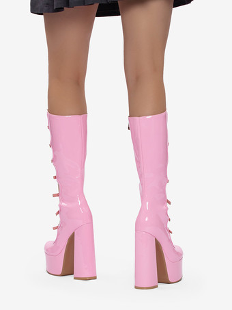 ブラックニーハイブーツ プラスサイズ プラットフォーム ラウンドトゥ バックルディテール チャンキーヒールブーツ