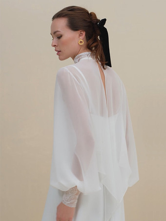 ウェディングラップ ホワイト ロングスリーブ ジュエルネック ランタンスリーブ ショール シフォン レース ブライダルカバーアップ