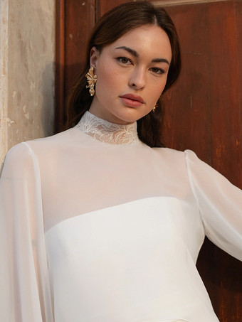 アイボリーウェディングラップ ホワイト ロングスリーブ ジュエルネック ランタンスリーブ ショール シフォン レース ブライダルカバーアップ